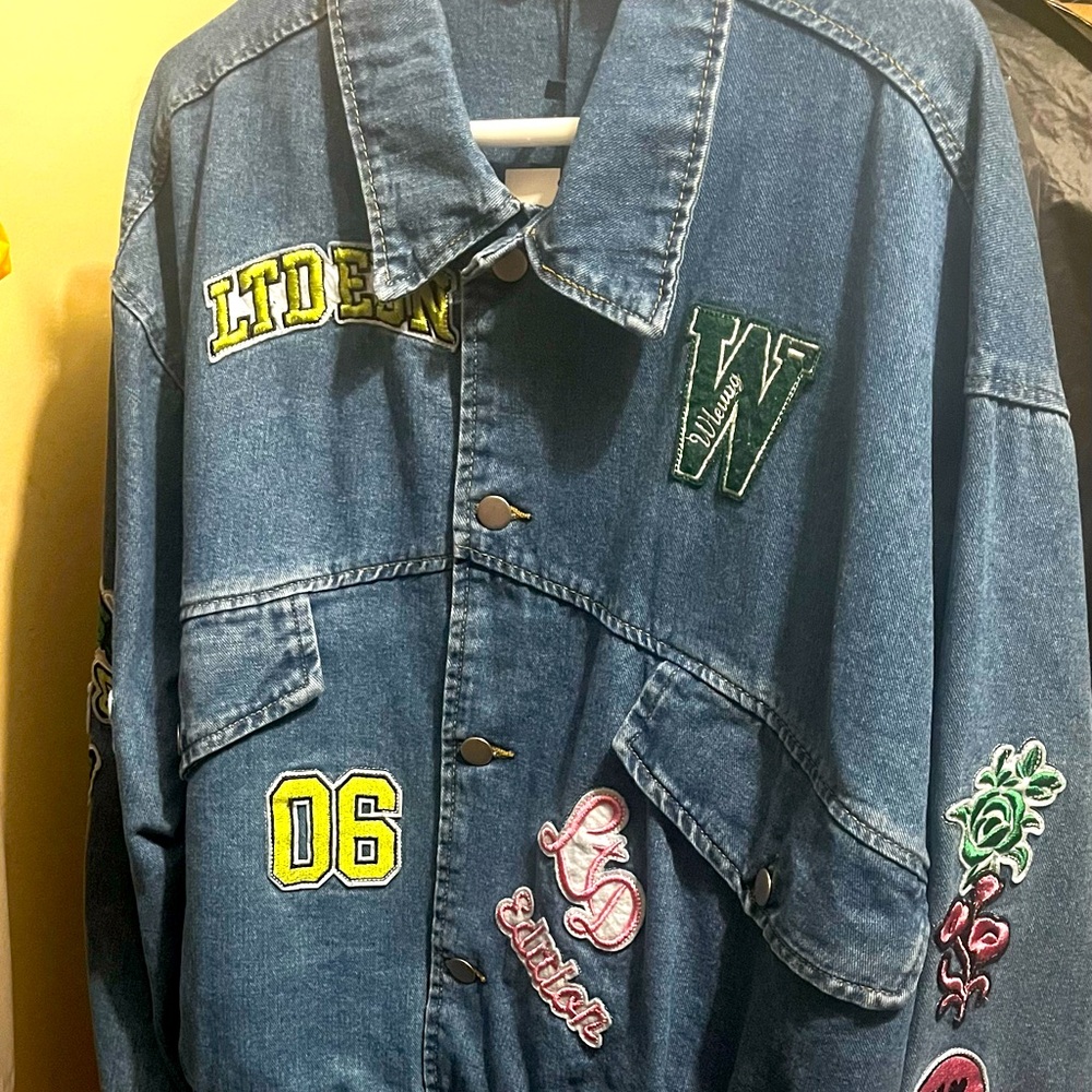 NWOT Patch Denim Varsity Jacket